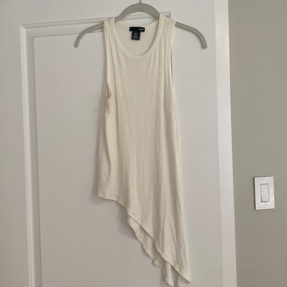 Aqua white tank top with uneven hem